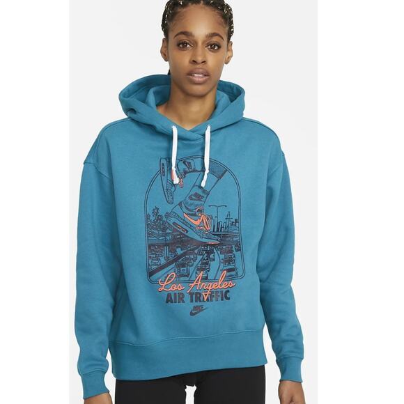 Nike Air Hoodie‎ Sweatshirt Womens sz L Air Traffic Los Angeles Jade Green Boxy - Picture 1 of 9